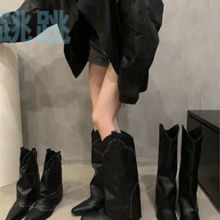 【美拉德風】復古鉚釘褲管靴 辣妹高筒靴 v口長靴 法式尖頭女靴 西部牛仔靴 時尚切爾西靴 百搭中筒靴 膝下靴 套筒騎士靴