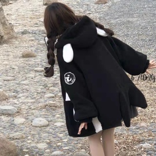 大碼衛衣 學生衛衣 可愛海豚羊羔毛外套女學生2021秋冬韓版日系拼色連帽耳朵毛絨外套