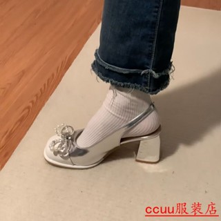 【ccuu水鑽高跟鞋】瑪麗珍鞋 厚底高跟鞋 高跟涼鞋 復古瑪麗珍鞋 一字扣帶粗跟 淺口高跟鞋 單鞋 休閑百搭 跟鞋 女鞋