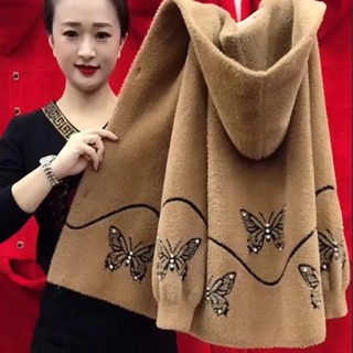 暖呼呼💥💥加絨厚外套 秋冬新款貴婦名媛短款仿水貂絨毛呢外套加大碼連帽釘珠蝴蝶大衣