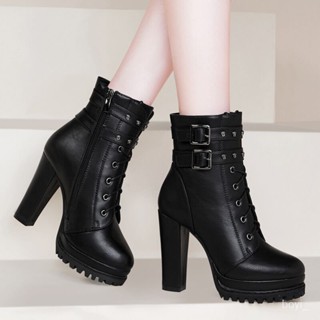 【免運】厚底靴 黑色高跟馬丁靴女靴子2020新款秋冬粗跟厚底百搭防水臺高幫短靴 JNQH