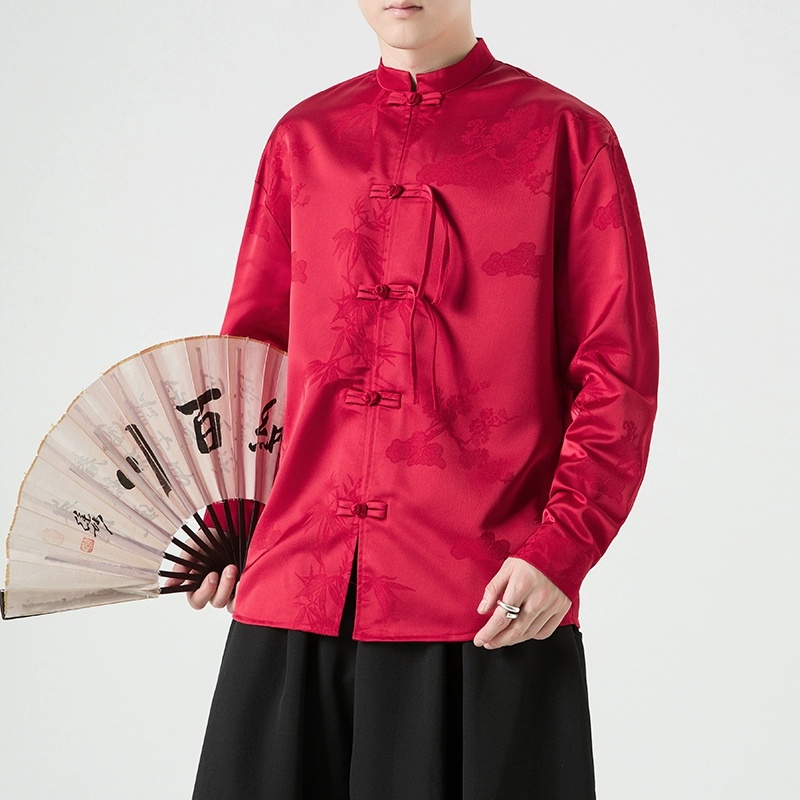 【新品】 紅色新中式男裝盤扣長袖襯衫高級感襯衣改良漢服外套唐裝男