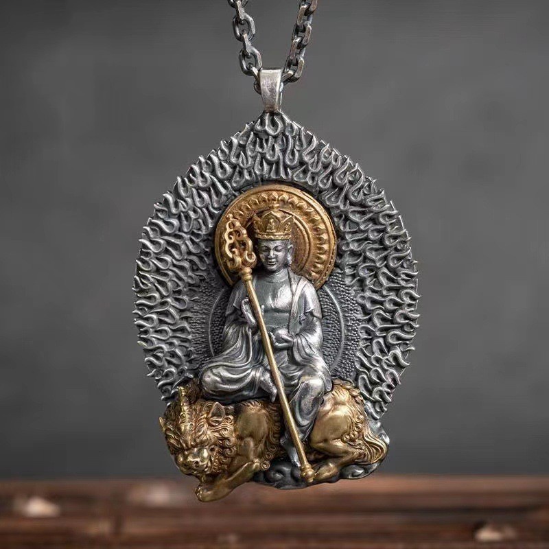 S925純銀色復古民族風項鏈地藏王菩薩守護神護身符吊墜佛手平安符