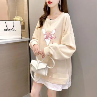大碼女裝上衣|春秋裝加肥加大碼衛衣|小心機寬鬆上衣|假兩件衛衣|韓版長袖上衣|圓領上衣|印花上衣|中長款上衣