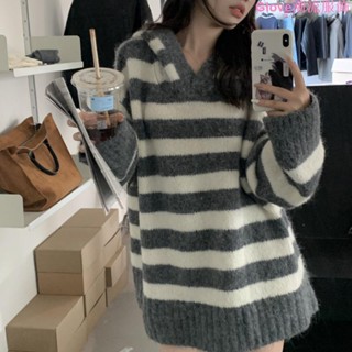 軟糯撞色條紋連帽套頭毛衣女秋冬外穿慵懶風寬松中長款針織衫上衣保暖 毛衣 針織上衣 長袖上衣 大尺碼 韓版 寬鬆 慵懶風