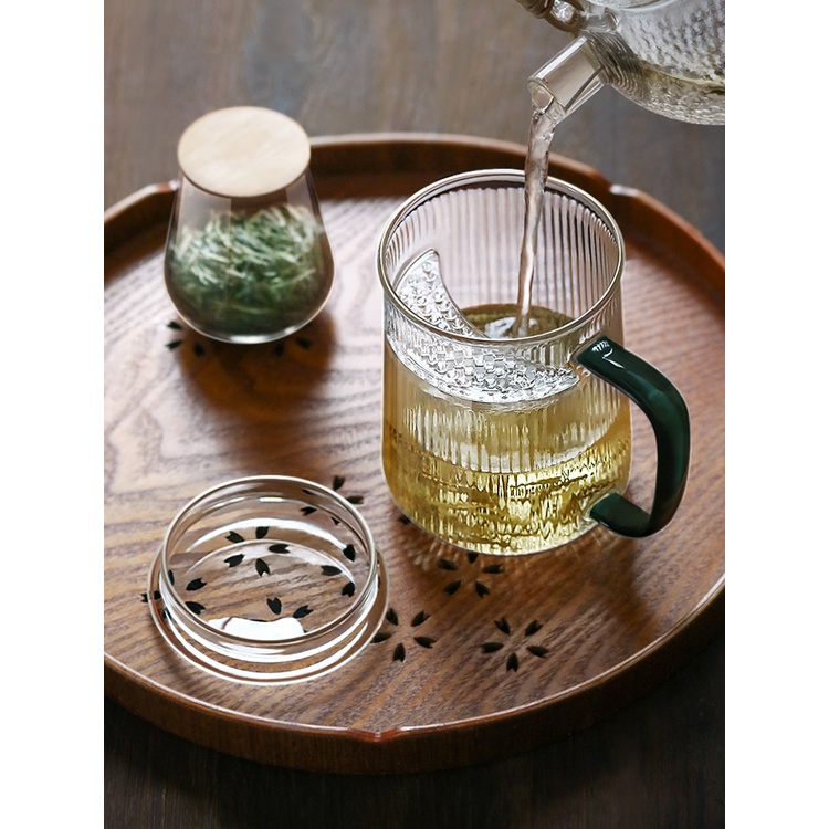 茶道 戲陶 日式 條紋 玻璃 泡茶 杯 創意 辦公 過濾 帶蓋 帶把 加厚 耐熱 月牙 杯 家用
