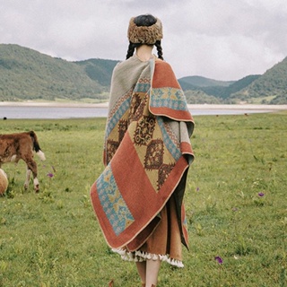 2023民族風披肩西藏旅游披肩穿搭網紅斗篷波西米亞百搭洋氣披肩 民族風 斗篷式 披肩外套 圍巾 冬天 毯子披風