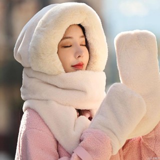 🧢限時免運 一體女冬季保暖三件套加絨加厚連帽冬天帶圍脖手套帽子女冬季圍巾保暖帽 毛帽 雪帽 針織帽 大頭圍帽子