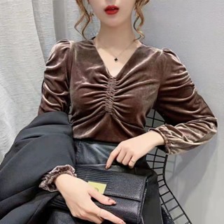 SY韓版復古長袖上衣V領T恤金絲絨打底衫女洋氣寬鬆百搭泡泡袖上衣v領上衣長袖T恤女生V領長袖上衣