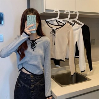 【Wik】長袖t恤 針織毛衣 衣服女 長袖 上衣 短款灰色打底衫女春新款設計感小眾長袖T恤甜辣風上衣ins潮