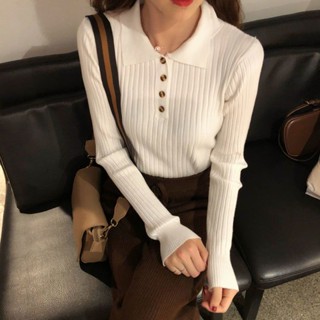 【Wik】長袖t恤 針織毛衣 衣服女 長袖 上衣 polo領針織衫女秋冬新款套頭內搭毛衣女長袖修身顯瘦打底上衣