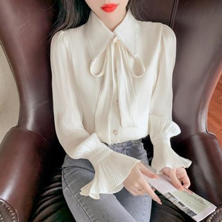 SY韓版上衣雪紡襯衫翻領上衣純色襯衫甜美氣質喇叭袖上衣長袖襯衫女時尚褶皺蝴蝶結雪紡上衣長袖雪紡上衣