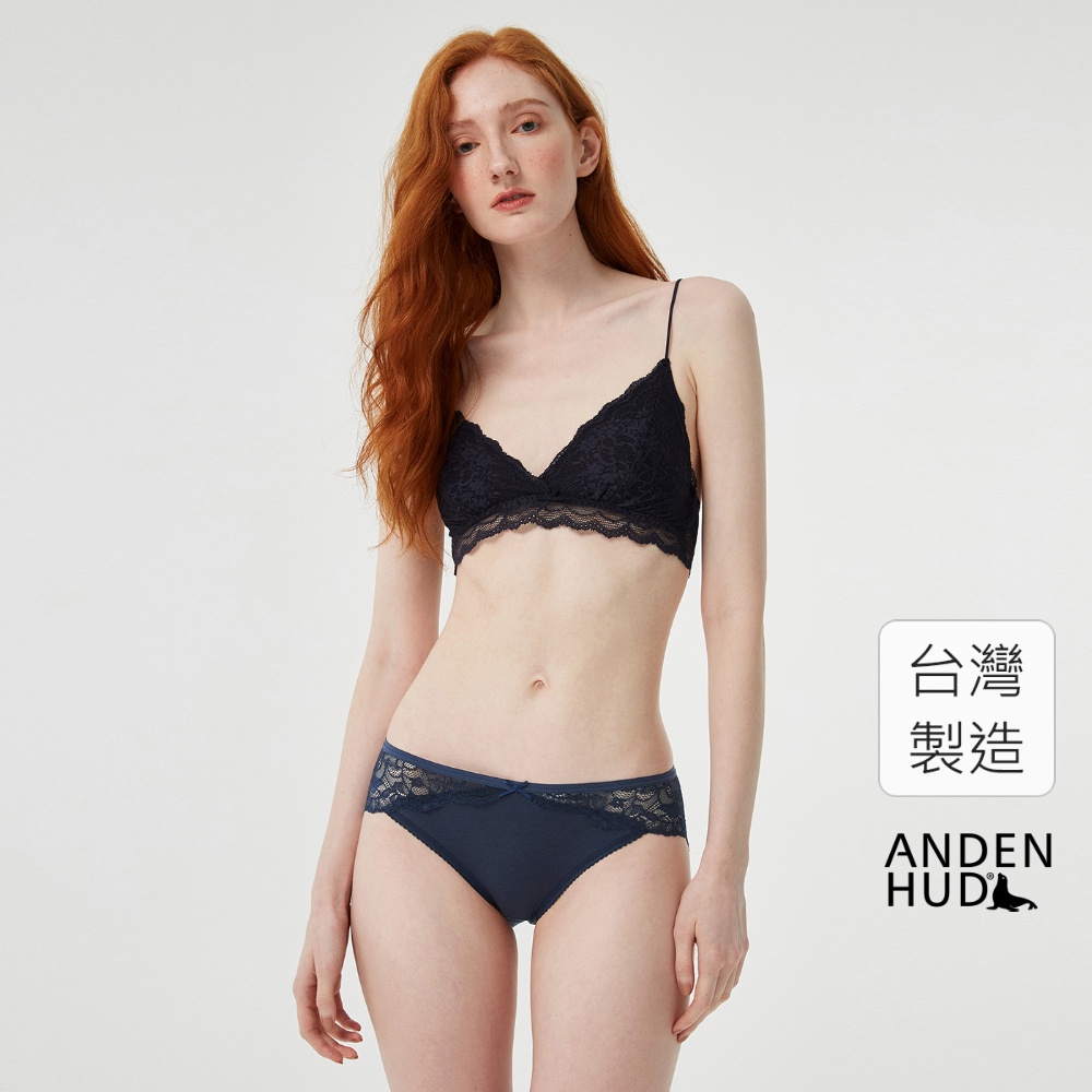 【Anden Hud】簡約系列．脇後訂製蕾絲中腰三角內褲(深藍) 純棉台灣製