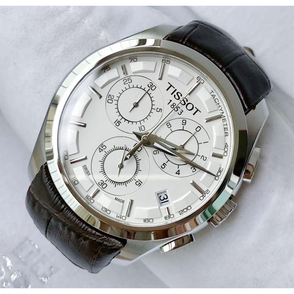 TISSOT Couturier 白色面錶盤 棕色皮革錶帶 石英 三眼計時 男士手錶 T0356171603100
