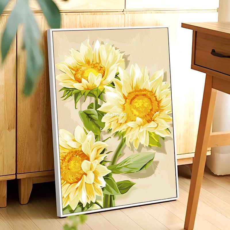 💰diy數字油畫填充花卉向日葵油彩畫減壓填色純手繪畫丙烯顏料畫畫畫畫 優畫