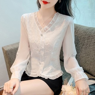 SY法式上衣雪紡襯衫提花V領襯衫短板襯衫女長袖上衣新款洋氣設計感雪紡喇叭袖上衣女