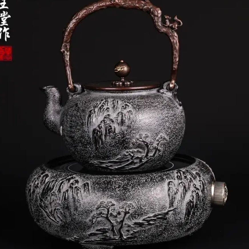 日本藏王堂白肌係列砂鐵壺純手工燒水鐵壺 山水砂鐵壺套裝 電陶爐