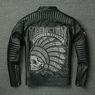 皮外套真皮皮衣男頭層牛皮機車服印第安刺繡摩托車服大碼休閑外套皮夾克皮外套男 騎士皮衣 防摔皮衣 真皮皮衣