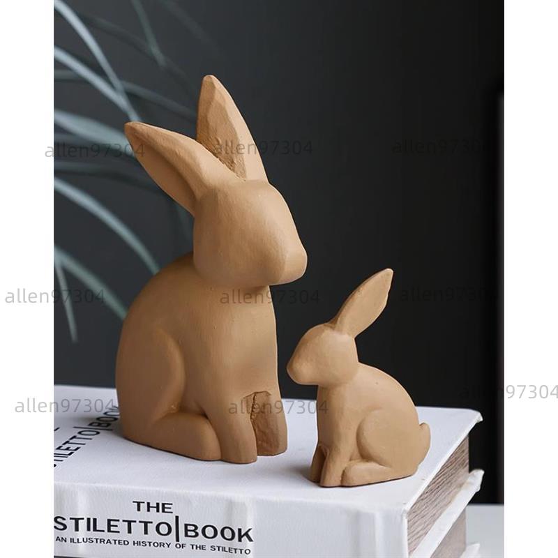 桃園出貨創意莫蘭迪色木雕小兔子擺件可愛簡約家居裝飾品電視櫃酒櫃小擺設