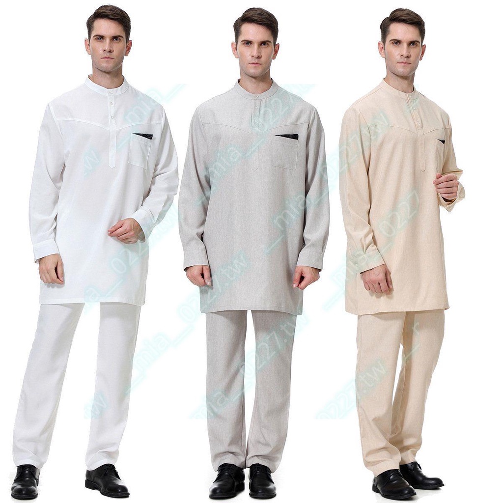 穆斯林新款套裝兩件套迪拜清真寺男士長袍白袍伊斯蘭禮服回族衣服QWQW