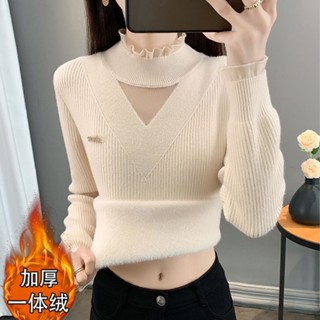 SY一體絨毛衣女半高領長袖上衣秋冬新款蕾絲邊針織衫韓版修身顯瘦上衣保暖加厚內搭打底衫時尚休閒素色上衣