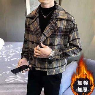 【優選好物】男士毛呢格子外套韓版潮流帥氣休閒呢子大衣風衣男秋冬季加棉加厚 SAZZ