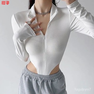 連體衣🎀歐美街頭感修身露腰打底上衣女春秋顯瘦拉鏈套頭長袖連體衣女