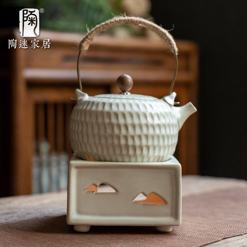 #日式茶具# 陶迷日式錘紋提梁壺陶瓷溫茶爐蠟燭酒精燈明火煮茶器戶外燒水壺