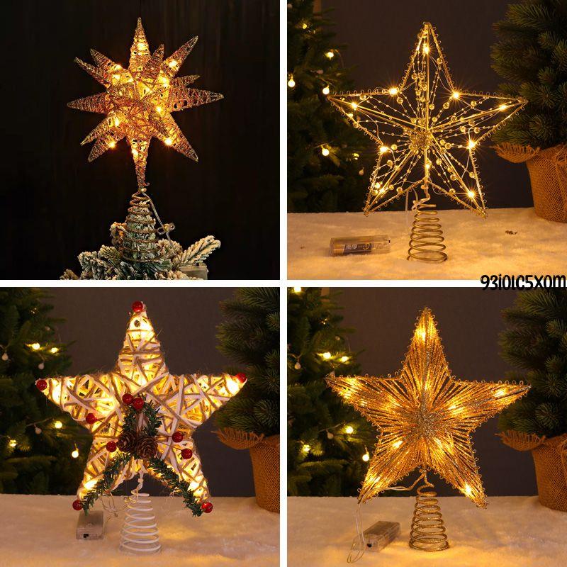 星星頂 圣誕樹頂部發光星星電池LED燈鐵藝五角星星圣誕節裝飾品燈布置