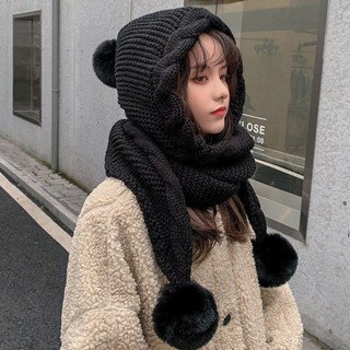 【限時免運】本命年毛線帽子女秋冬百搭圍巾一體帽可愛毛球護耳加厚保暖針織帽保暖護耳帽針織毛線