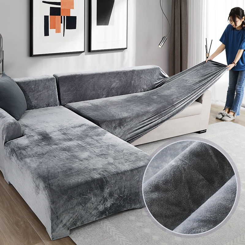 Velvet Plush L Shaped Sofa Cover For Living Room Elastic