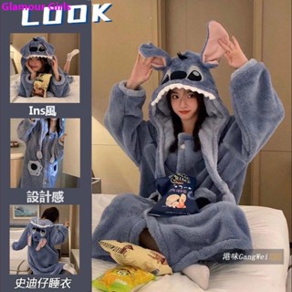 現貨 史迪仔珊瑚絨睡衣女冬季卡通網紅風長款連帽睡袍加絨加厚家居服 冬天睡衣 保暖睡衣 套裝睡衣 兩件式睡衣 長袖 睡袍