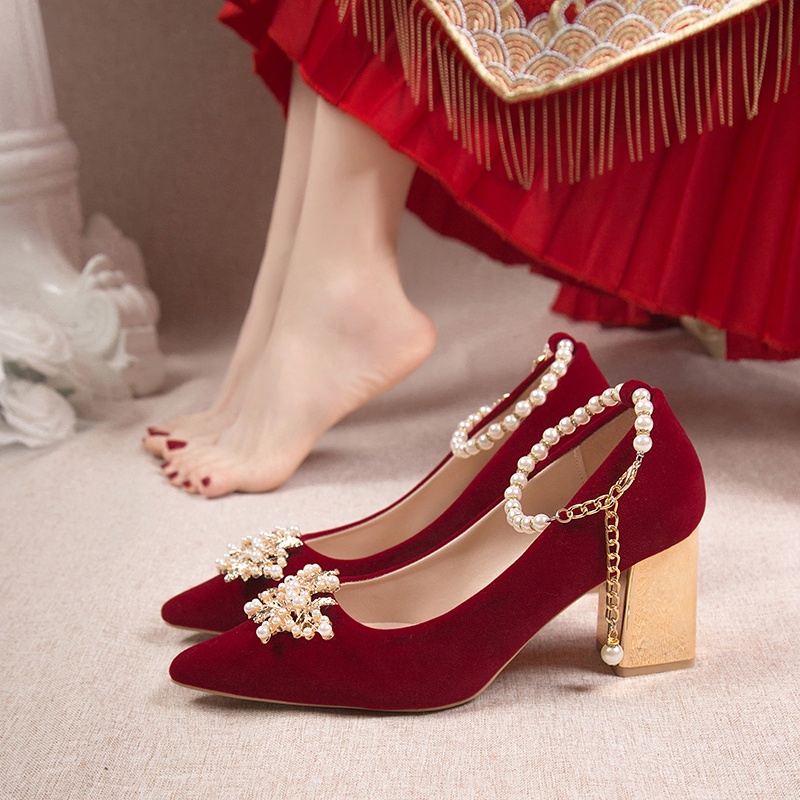 新娘鞋 婚鞋 高級感 中跟 粗跟 不累腳 中式 結婚秀 禾高跟 婚宴鞋 女紅色鞋 紅色高跟鞋 婚禮鞋