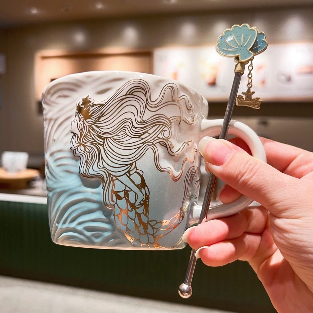 ✚✒星巴克週年海藍浪花女神款馬克杯貝殼攪拌棒浮雕陶瓷馬克杯咖啡杯大容量高顏值