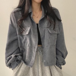 襯衫外套 韓國 燈芯絨 雙口袋夾克外套 復古長袖襯衫 素色襯衣 短版襯衫 長袖翻領燈芯絨襯衫 法式復古 短外套 薄外套