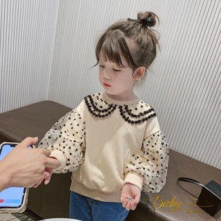 希希❤baby童裝2023新款兒童蕾絲袖衛衣寶寶洋氣秋裝女童娃娃領長袖上衣潮