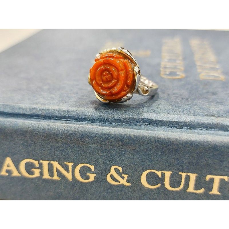 特價秒！英國🇬🇧 帶回英國HARRODS天然蘇格蘭瑪瑙手工雕刻花朵活圈s925純銀戒指