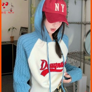 秋冬新品 針織衫 上衣 外套 美式複古字母刺繡長袖連帽針織衛衣女裝秋季寬鬆短款上衣