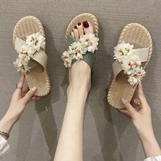【poetry】涼拖鞋女 涼拖鞋 波西米亞拖鞋女 夏外穿僊女風女鞋 花朵交叉帶草編亞麻鞋 平底海邊涼鞋 沙灘涼拖鞋