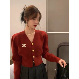 【🎀可可家】紅色V領針織開衫女2025年秋冬新款時尚洋氣氣質上衣外套女毛衣