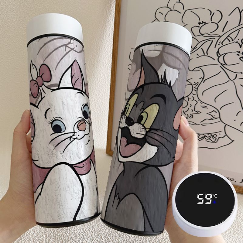 貓和老鼠情侶智能保溫瓶 大容量不銹鋼水壺 500ML保溫杯 便攜高顏值測溫度顯示水杯