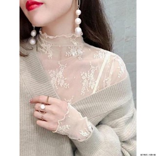 麗莎大碼女裝長袖 上衣T恤女半高領網紗打底衫女紗衣洋氣小衫新款早秋季內搭透視蕾絲上衣