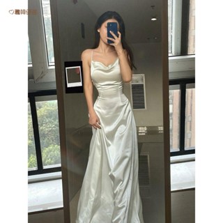 💖免運💖度假長洋裝 渡假風套裝 白色海邊穿搭 洋氣吊帶長裙 大尺碼性感洋裝連身裙 法式高階小眾設計緞面禮服吊帶連衣裙