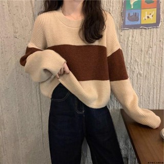 麗莎大碼女裝毛衣 針織衫毛衣女大碼女裝慵懶風長袖毛衣女秋冬季寬松顯瘦百搭拼色針織衫短款上衣