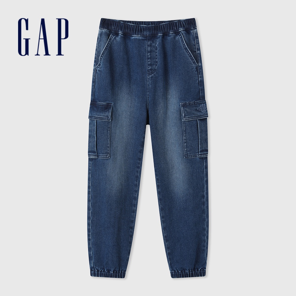 Gap 男童裝 Logo工裝束口鬆緊錐形牛仔褲-深藍色(890277)