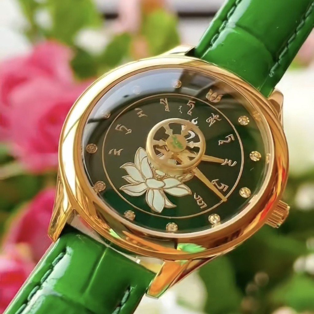 藏傳文化綠色錶盤蓮花女錶夜光休閒時尚鋼帶防水指針石英女士腕錶
