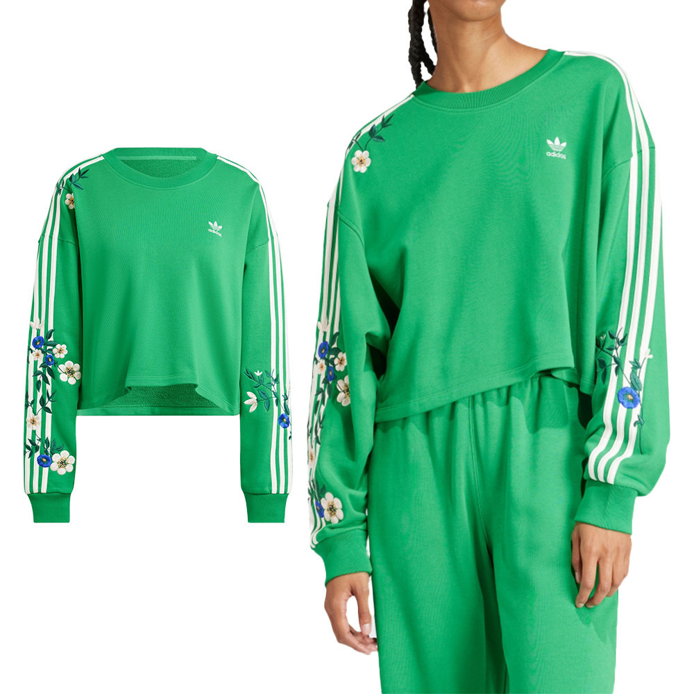 Adidas Originals Floral Sweat 女款 綠色 圓領 短版 花花 刺繡 棉質 長袖 IU2513