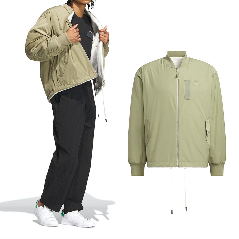 Adidas REV Sherpa 男 白綠色 休閒 百搭 拉鍊 飛行外套 雙面 外套 UIN0990