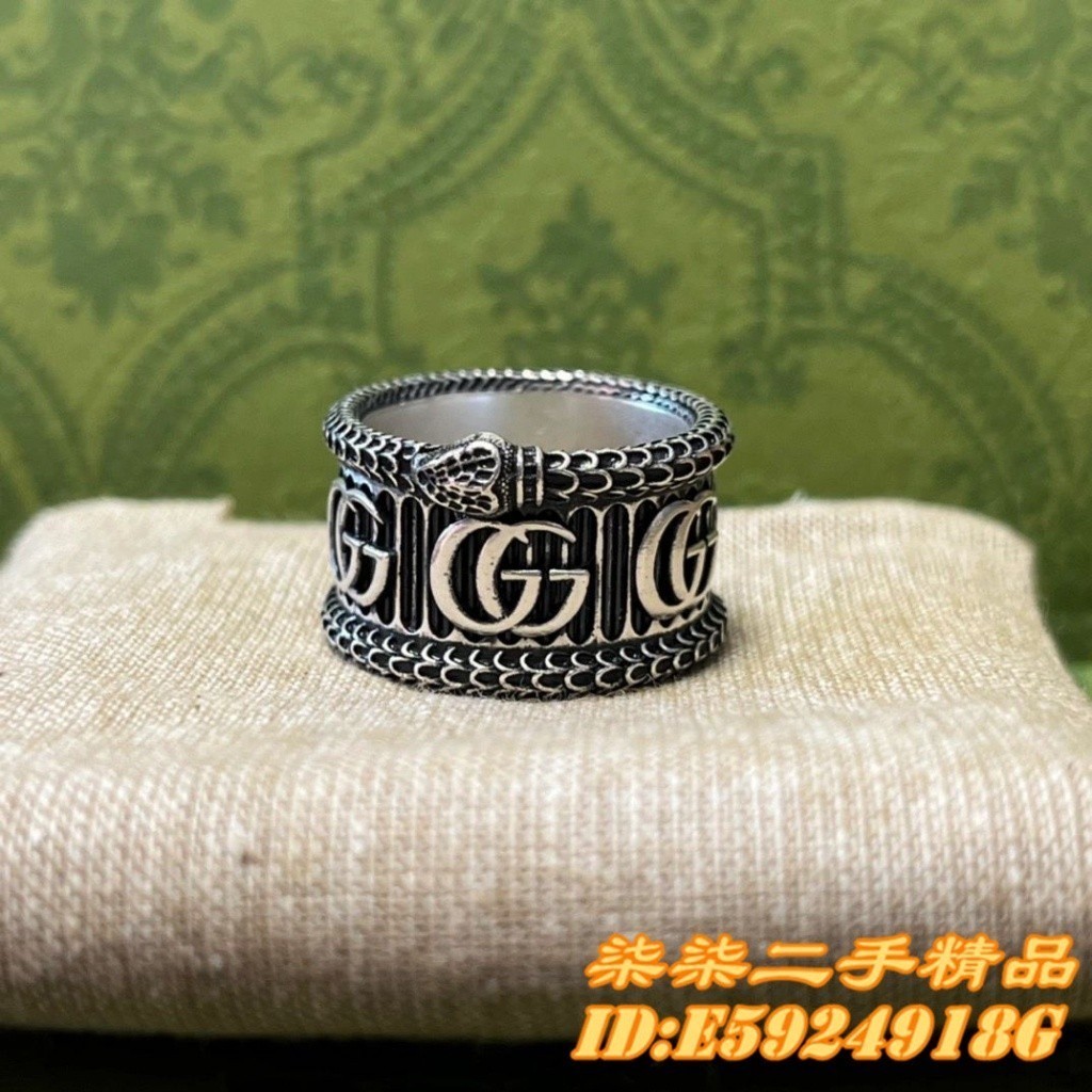 二手精品 GUCCI 古馳 925純銀 G雙 環蛇 做舊 復古戒指 情侶對戒 577201