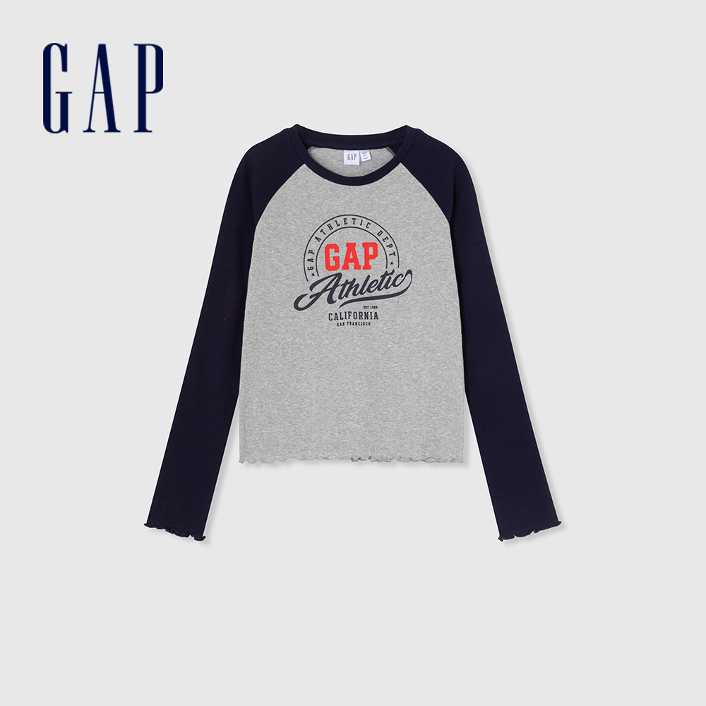 Gap 女裝 Logo印花圓領長袖T恤-灰色(888456)